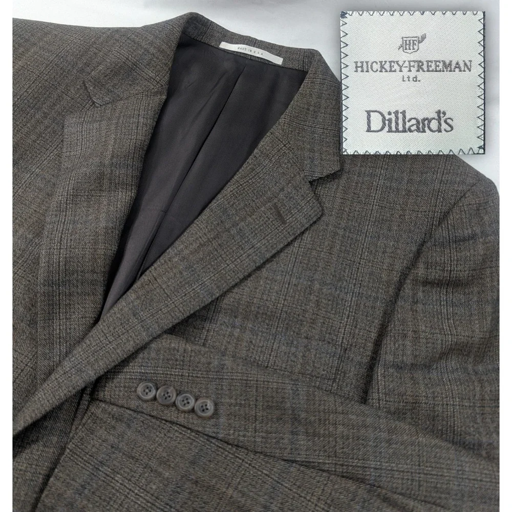 Hickey Freeman Blazer Sports Jacket 100% Wool Glenn Check Plaid 48R 48